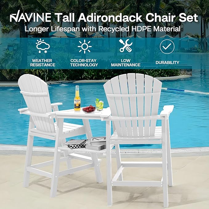 Tall Adirondack Chairs Set of 4, HDPE Balcony Chair with Double Connecting Tray, Weather Resistant Outdoor Adirondack Bar Stools for Patio, Deck, Patio, Backyard, Balcony. (White)
