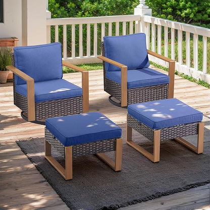 Rilyson Outdoor Wicker Patio Furniture Set - 4 Piece Patio Conversation Set with 2 Wicker Swivel Rocker Chairs,2 Rattan Ottoman, Thick Cushions, Deep Seating, Wide Armrest(Brown/Blue)