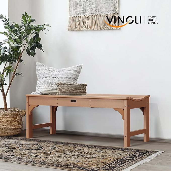 VINGLI Outdoor Bench Garden Bench HDPE Porch Bench, All-Weather Patio Bench, Poly Lumber Oversized Park Bench 800 lbs Weight Capacity (Teak)