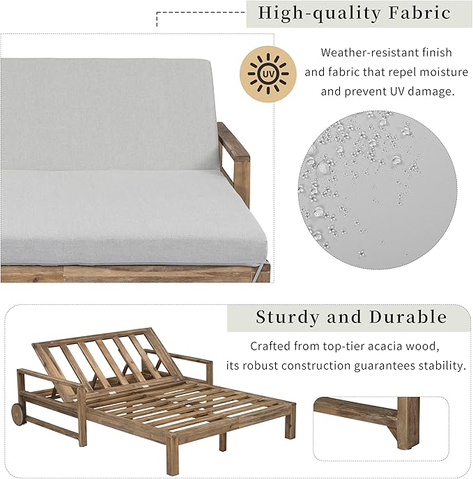 Farmhouse Wooden Outdoor Sunbed, Ultimate Relaxation Patio Daybed Seating with Adjustable Backrest and Movable Wheels - Photo 7