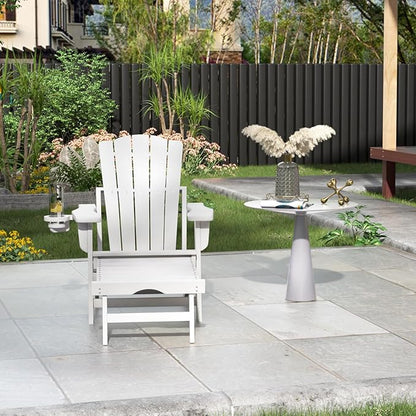 Folding Adirondack Chair with Retractable Ottoman Set of 2, All Weather Fire Pit Chairs with Cup Holder, Outdoor Chair with Ottoman,White