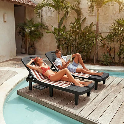 Outdoor Chaise Lounge Set of 6, 5-Position Adjustable Sun Lounge w/Pull-Out Tray, Waterproof PP Lounge Chairs for Outside, Lounge Chairs for Poolside, Patio, Beach, Yard in All Weather,Black