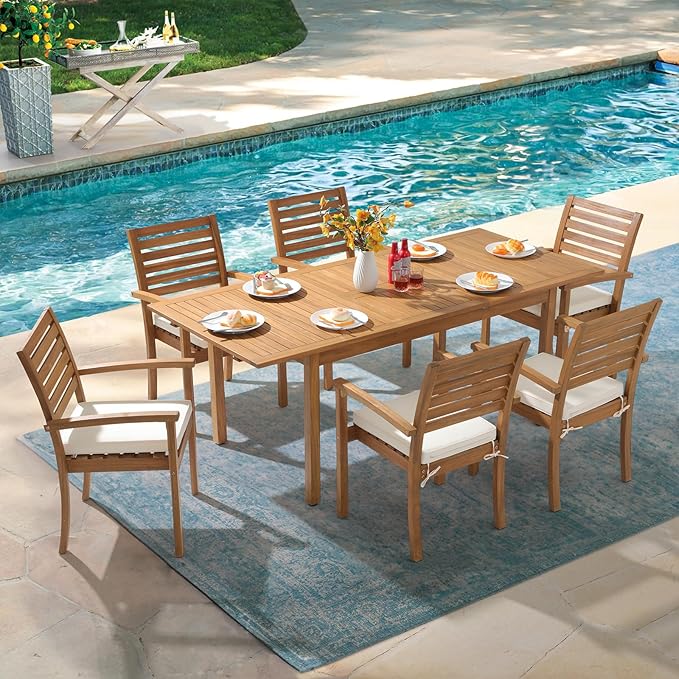 OC Orange-Casual Stackable Patio Dining Chairs Set of 4, Outdoor Acacia Wooden Chairs w/Armrest & Removeable Fabric Cushion, for Porch, Backyard, Garden, Indoor, Beige
