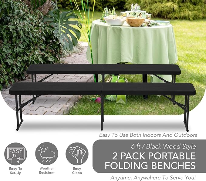 AJP Distributors 2 Pack 6 Foot Portable Plastic Folding Bench 6FT 72" Half Foldable Heavy Duty Seat w/Carry Handle - Indoor Outdoor Backyard Camping Picnic BBQ Party Wedding Dining Event Meeting Black