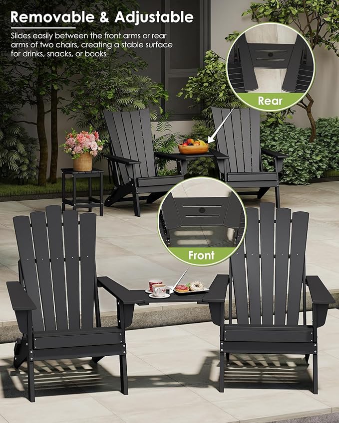 GREENVINES Folding-Adirondack-Chairs-Set-of-2 | HDPE Plastic | Throne Series | Fire Pit Chair | with Connecting Tray | Removable Table | All Weather | for Outdoor Patio Deck Poolside | Black