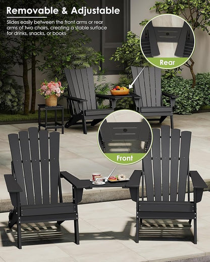GREENVINES Folding-Adirondack-Chairs-Set-of-2 | HDPE Plastic | Throne Series | Fire Pit Chair | with Connecting Tray | Removable Table | All Weather | for Outdoor Patio Deck Poolside | Black