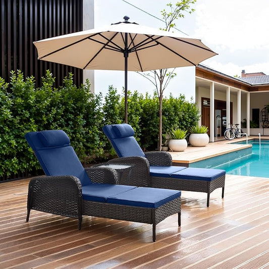 Belord 3 Piece Outdoor Chaise Lounge Patio Recliner - 75 Inch Adjustable Wicker Chaise Lounge with Soft Pillow Removable Cushions, All Weather Rattan Pool Lounge Chair Set of 2 for Poolside Brown/Blue