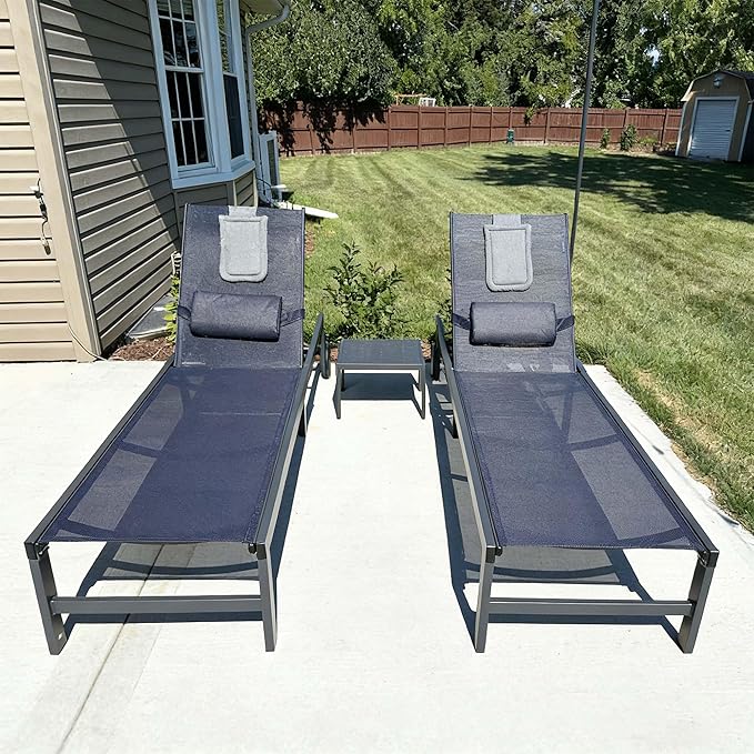 PURPLE LEAF Tanning Chair with Face Hole Pillow and Wheels Headrest Aluminum Patio Chaise Lounge Chairs Adjustable 5-Position Lay Flat Outdoor Sunbathing Lounge Chair for Beach Pool Navy Blue