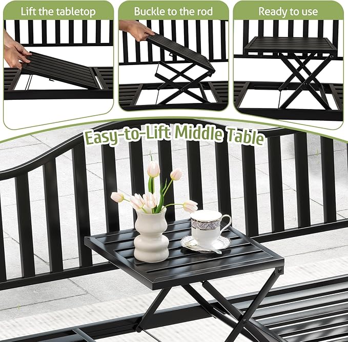 Tangkula 60” Metal Outdoor Garden Park Bench, Heavy-Duty Patio Loveseat Armchair with Pull-Out Center Table, 2-3 Person Park-Style Chair for Backyard, Garden, Balcony, 660 lbs Max Load