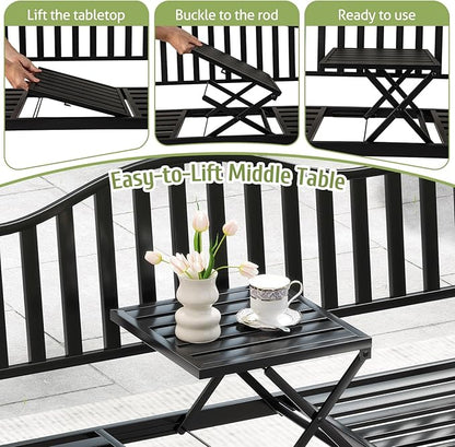 Tangkula 60” Metal Outdoor Garden Park Bench, Heavy-Duty Patio Loveseat Armchair with Pull-Out Center Table, 2-3 Person Park-Style Chair for Backyard, Garden, Balcony, 660 lbs Max Load