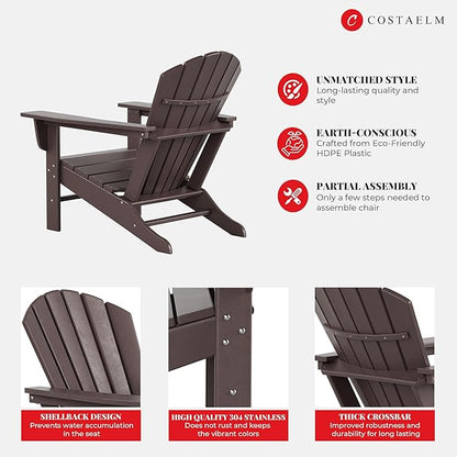 Costaelm Outdoor Adirondack Chair, HDPE Patio Chair, Weather Resistant Lawn Firepit Outside Chairs for Porch, Poolside, Garden, Backyard Deck, Dark Brown