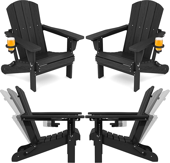 SERWALL Folding Adirondack Chair Set of 4, Adjustable Adirondack Chair with 3 Recline Positions, All Weather HDPE Outdoor Adirondack with Cup Holders, Black