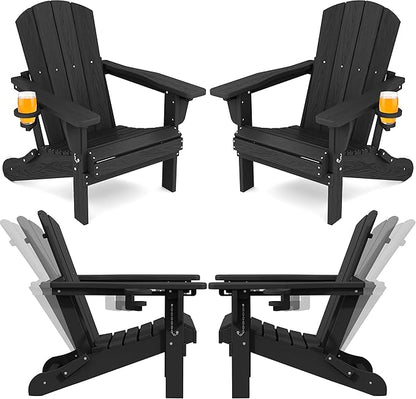 SERWALL Folding Adirondack Chair Set of 4, Adjustable Adirondack Chair with 3 Recline Positions, All Weather HDPE Outdoor Adirondack with Cup Holders, Black