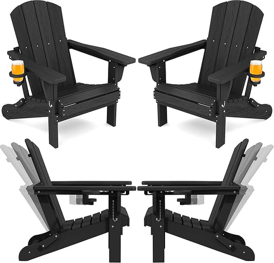 SERWALL Folding Adirondack Chair Set of 4, Adjustable Adirondack Chair with 3 Recline Positions, All Weather HDPE Outdoor Adirondack with Cup Holders, Black