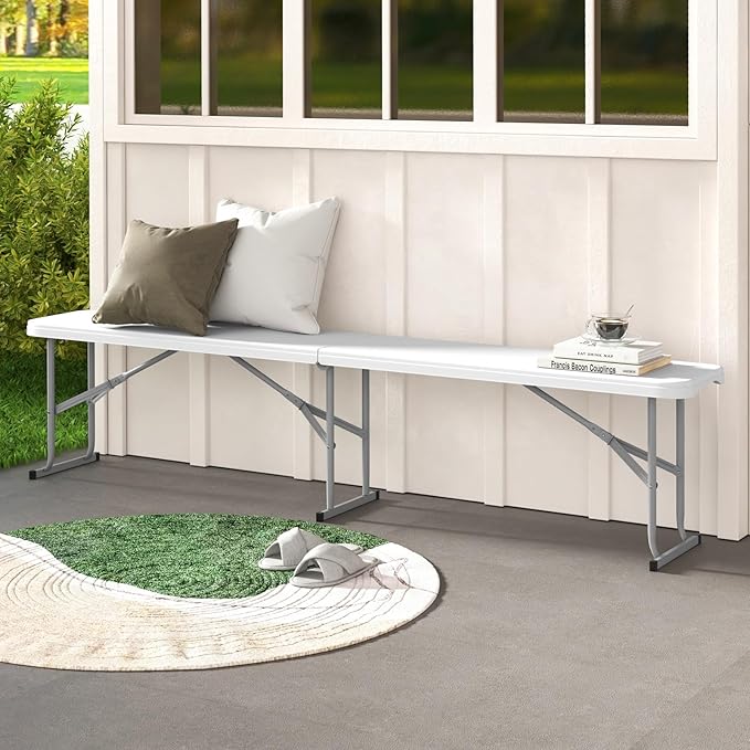 Giantex 6 Feet Plastic Folding Bench, Portable Picnic Seat for BBQ Party Camping Dining, HDPE Top, Metal Frame, Indoor Outdoor Fold-in-Half Bench for Garden Entertainment Activities Sport Events