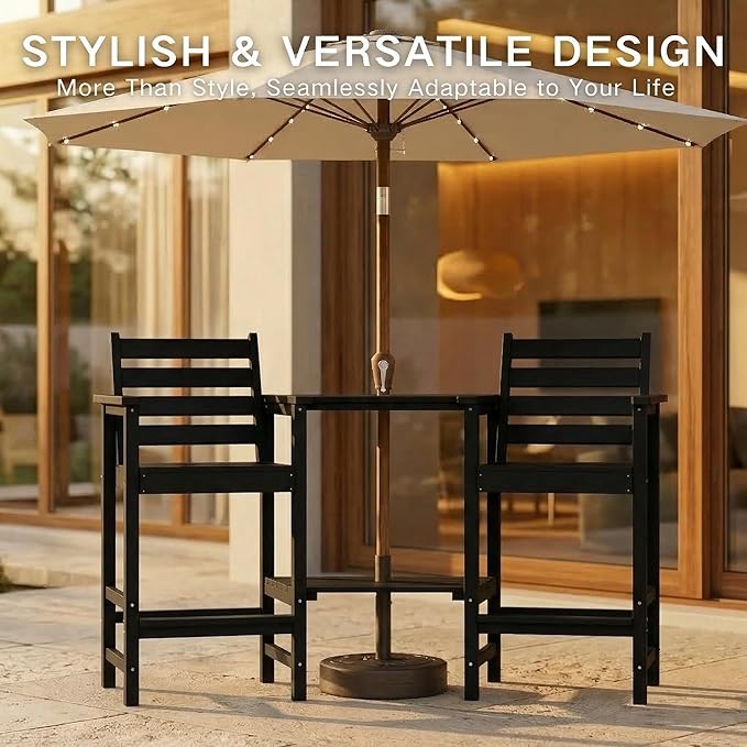 Kingdura Tall Adirondack Chairs Set of 2, Weather Resistant HDPE Bar Height Outdoor Stools with Removable Double Connecting Trays, Wooden Grain for Patio, Balcony, Deck (Black)