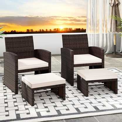 RELAX4LIFE Wicker Outdoor Ottoman Set of 2 - Rattan Footstools Foot Rest w/Removable Cushions, Multipurpose Side Table & Additional Seating, Outdoor Ottomans for Patio Garden Porch (Brown-White)