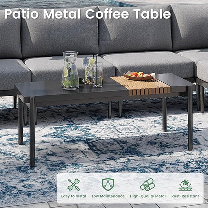 Sundale Outdoor Modern Metal Outdoor Coffee Table with Slatted Wood-Look Tabletop Design, Weather-Resistant Patio Side Table for Garden, Balcony, Poolside(Gray)