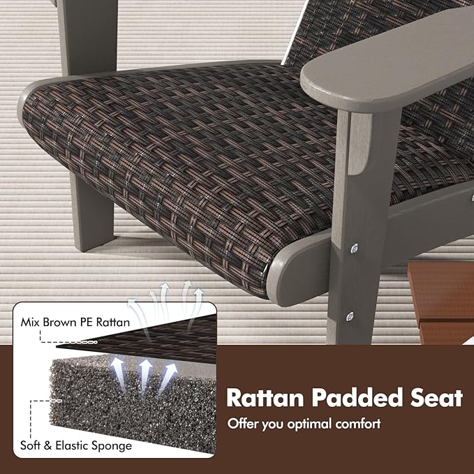 Tangkula Patio Wicker Adirondack Chair, HDPE Lounge Chair w/Rattan Padded Seat & Back, Wide Armrests & Hidden Cupholder, Outdoor All-Weather Adirondack Fire Pit Chair for Backyard, Lawn (1, Grey)