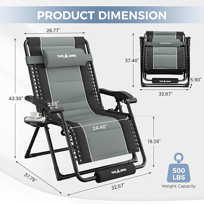UDPATIO Oversized Zero Gravity Chair Set of 2, Outdoor Full Padded Recliner, Patio Folding Adjustable Reclining Seat with Cup Holder, Footrest & Headrest for Camping, 500LBS Support,Black/Gray,33in