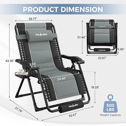 UDPATIO Oversized Zero Gravity Chair Set of 2, Outdoor Full Padded Recliner, Patio Folding Adjustable Reclining Seat with Cup Holder, Footrest & Headrest for Camping, 500LBS Support,Black/Gray,33in