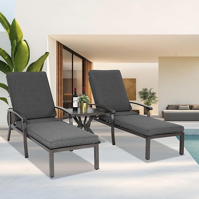 2 Chaise Lounge Chairs with 1 Side Table, Cast Aluminum Tanning Chair with Adjustable 5 Position Recliner, Grey Cushion and Wheels, 3 Piece Set for Outside Beach Patio Pool Lawn