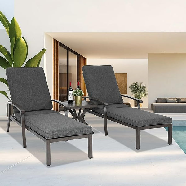 2 Chaise Lounge Chairs with 1 Side Table, Cast Aluminum Tanning Chair with Adjustable 5 Position Recliner - Photo 1