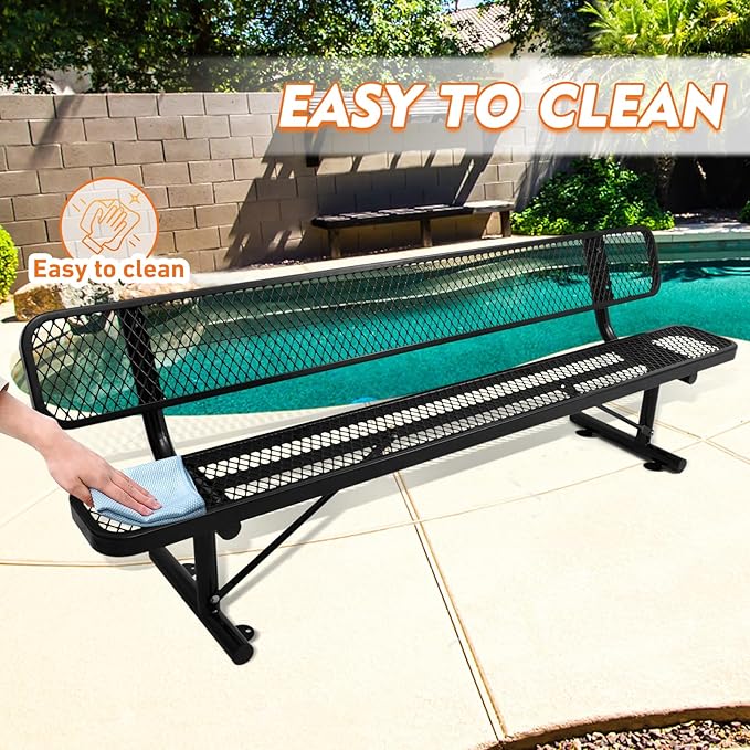 8FT Heavy-Duty Park Bench for Outside - Black Coated Outdoor Furniture Steel Bench, Commercial-Grade Outdoor Benches Weatherproof for Park, Patio, Porch (Portable with Back) (Black, 8FT)
