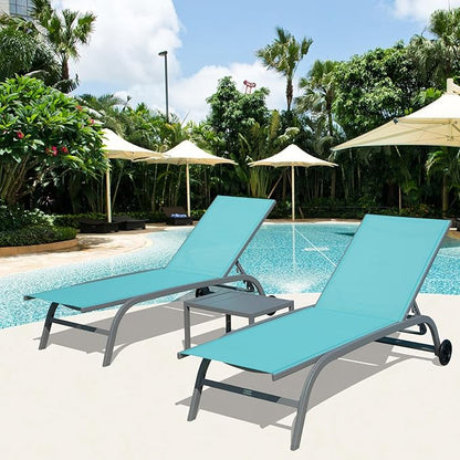 Domi Pool Lounge Chairs Set of 3, Adjustable Aluminum Outdoor Chaise Lounge with Wheels Patio Lounge Chairs with Side Table, All Weather for Deck Lawn Poolside Backyard-Turquoise Blue Textilene