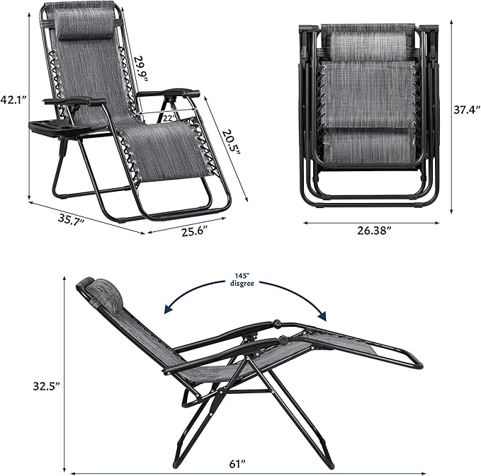 Greesum Zero Gravity Chairs Set of 2 Adjustable Steel Mesh Recliners Beach Deck Lawn Camping Patio Foldable Lounge Chair with Cup Holder Trays and Pillows,Double-Gray