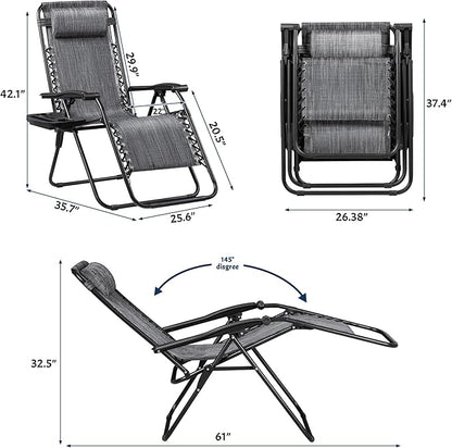 Greesum Zero Gravity Chairs Set of 2 Adjustable Steel Mesh Recliners Beach Deck Lawn Camping Patio Foldable Lounge Chair with Cup Holder Trays and Pillows,Double-Gray