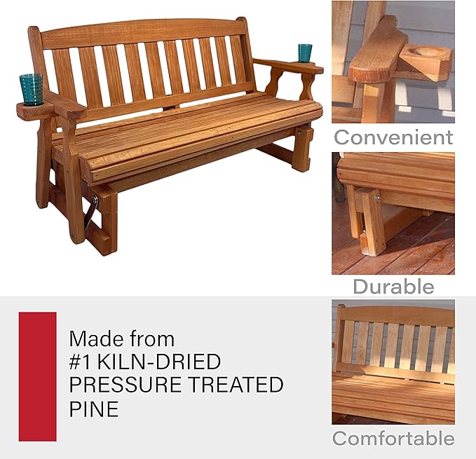 Amish Heavy Duty 800 Lb Mission Pressure Treated Porch Glider with Cupholders (4 Foot, Cedar Stain) - Photo 6
