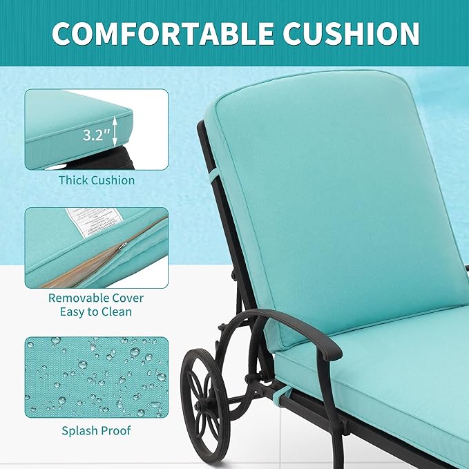 HOMEFUN Chaise Lounge Chair Outdoor - Poolside Chairs Set of 2 with Cushion Cast Aluminum Waterproof Lounger with Wheels and Adjustable Reclining, Pack of 2 (Cyan Cushion)
