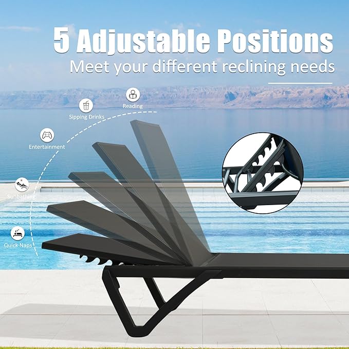 Domi Pool Lounge Chairs Set of 2, Aluminum Patio Chaise Lounge with Wheels, 5 Position Adjustable, All Weather Outdoor Lounge Chairs for Beach, Yard, Balcony, Poolside, Dark Grey
