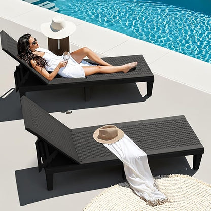 JUMMICO Patio Chaise Lounge Chair Set of 4 Outdoor PE Waterproof Adjustable Easy Assembly Lounge Chairs for Outside Pool Garden Deck Beach (Black, Set of 4)