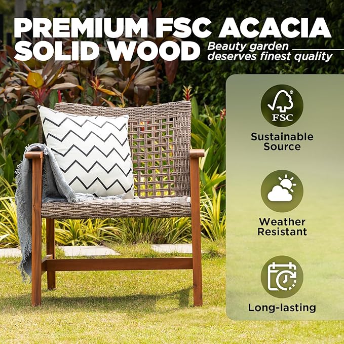 Idzo Liberte Accent Chairs Set of 2, 500lbs Weight Support, Acacia Wood, FSC Teak Finish, UV Protected, Dynamic Gray Wicker, Ideal for patios and Gardens
