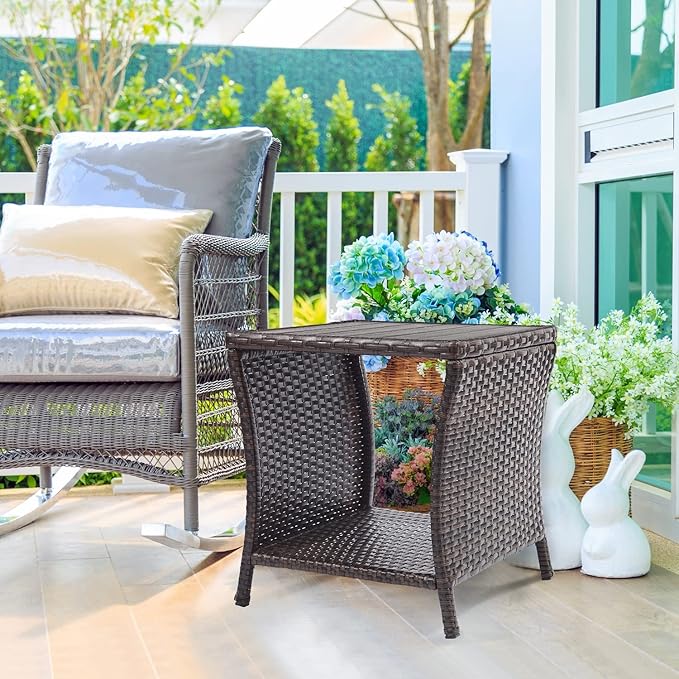 Outdoor Side Table for Patio Small Rattan Wicker Coffee Table Balcony Table Outside End Table with Poly Lumber Table Top & Storage Bistro Table for Garden Porch Deck Living Room Backyard Brown | Patio, Balcony Table, Outside End Table, Storage, Garden,...