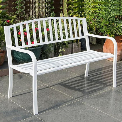 Outdoor Metal Garden Bench with Curved Backrest & Armrests, Antique Finish, Durable Galvanized Frame, Ideal for Patio, Deck, Lawn & Backyard Seating
