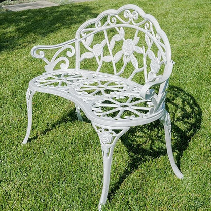 Wrought Iron Bench Curved Steel Rose Pattern Patio Garden Chair Antique Style Backyard Home Seat Loveseat Metal White Outdoor Indoor Pool Side Bristo Double Sitting Balcony Home Office Solid Legs