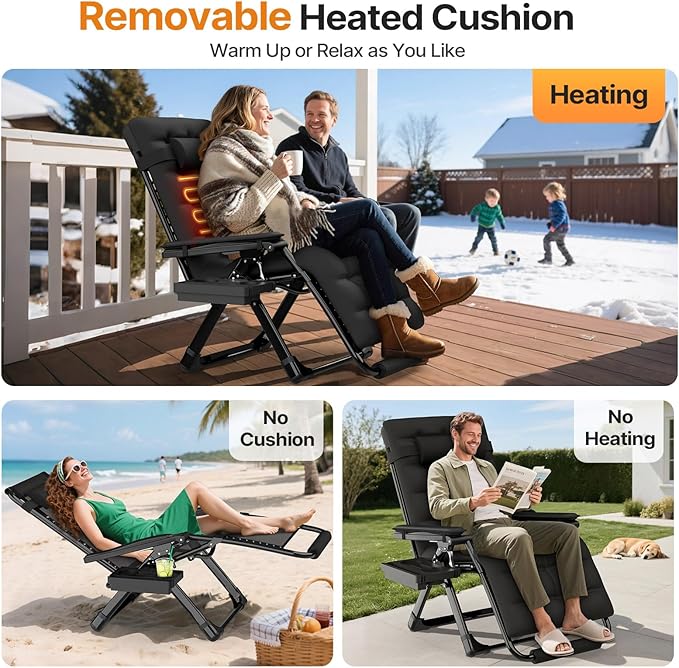 Suteck Heated Zero Gravity Chair, 29" XL Oversized Reclining Lounge Chair with 3 Heat Levels for Back & Seat, Armrest Pads, Cushion & Headrest, Upgraded Lock & Footrest, 500LBS(Battery Not Included)