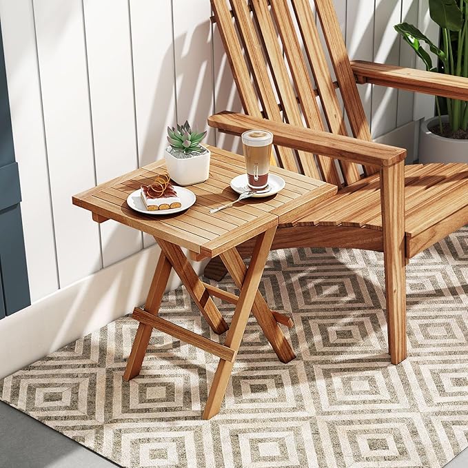 Tangkula Patio Folding Side Table, Teak Wood Square Patio Table with X-Shaped Legs & Slatted Tabletop - Photo 4