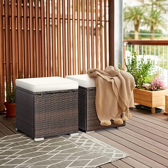 RELAX4LIFE Wicker Outdoor Storage Ottoman, 2-Piece Rattan Footstool w/Removable Cushion - Photo 2