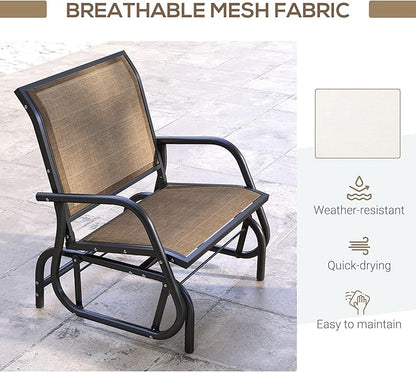Outsunny Porch Glider, Metal Frame Swing Glider Chair with Breathable Mesh Fabric, Curved Armrests and Steel Frame for Garden, Poolside, Backyard, Balcony, Light Mixed Brown