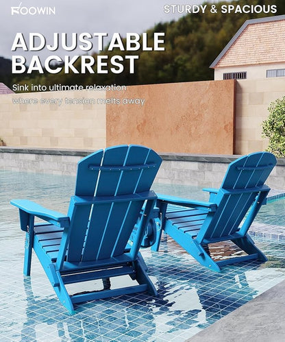 FOOWIN Folding Adjustable Adirondack Chair with Retractable Ottoman Set of 2, HDPE Adirondack Chair w/4 in 1 Cup Holder Trays,All-Weather Resistant Fire Pit Chair for Outdoor Patio Lawn, Pacific Blue