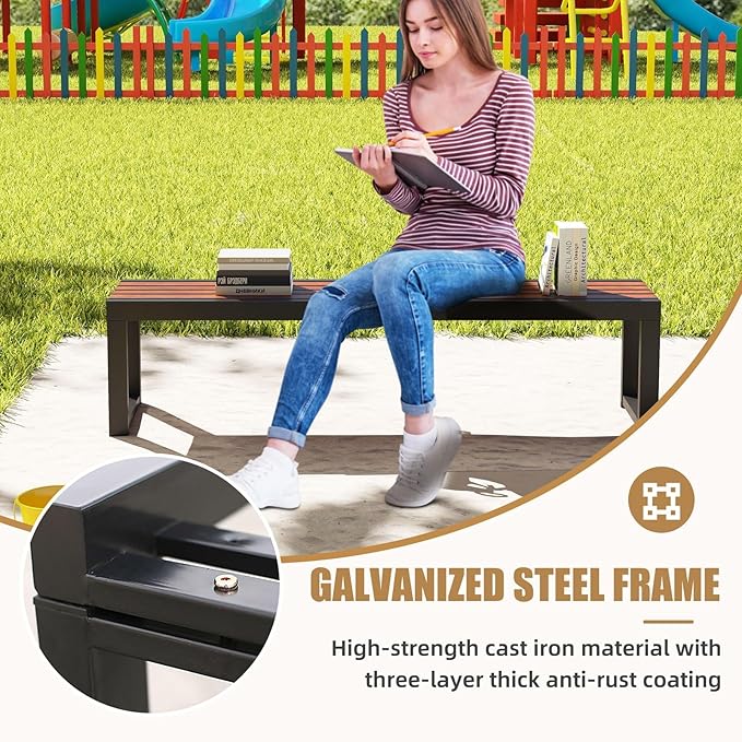 Outdoor Garden Bench with Wooden Seat & Iron Frame, All-Weather Outside Benches Heavy Duty Patio Bench for Lawn Porch Yard Park, 880lb Capacity 15.4×17.7in (WxH) Easy Assembly 70.86x15.4x17.7IN