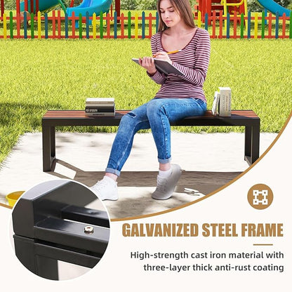 Outdoor Garden Bench with Wooden Seat & Iron Frame, All-Weather Outside Benches Heavy Duty Patio Bench for Lawn Porch Yard Park, 880lb Capacity 15.4×17.7in (WxH) Easy Assembly 70.86x15.4x17.7IN