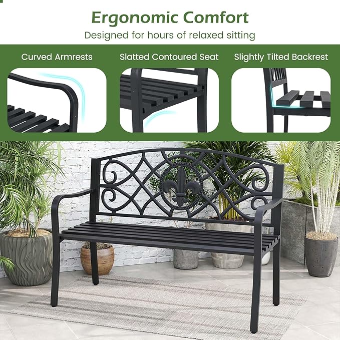 Giantex 50.5” Outdoor Bench with Metal Frame, Floral Design Cast Iron Backrest, Slatted Seat, Adjustable Foot Pads, Load 660Lbs, Garden Bench for Outside Patio Backyard Porch Park, Black