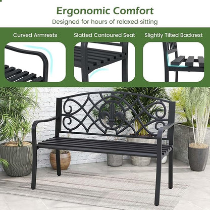 Giantex 50.5” Outdoor Bench with Metal Frame, Floral Design Cast Iron Backrest, Slatted Seat, Adjustable Foot Pads, Load 660Lbs, Garden Bench for Outside Patio Backyard Porch Park, Black