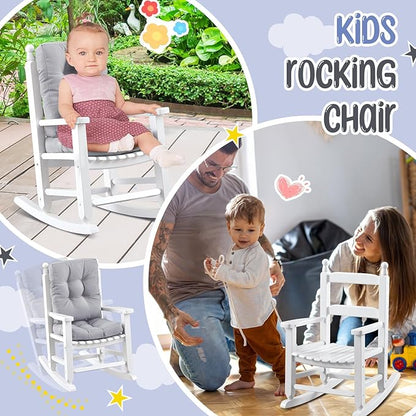 Kids Rocking Chair Cushion Pad Set Toddler Rocking Chair Indoor Outdoor Wooden Rocker Child Patio Rocker for Porch Balcony Lawn Indoor Outdoor(White,Ages 2-5)
