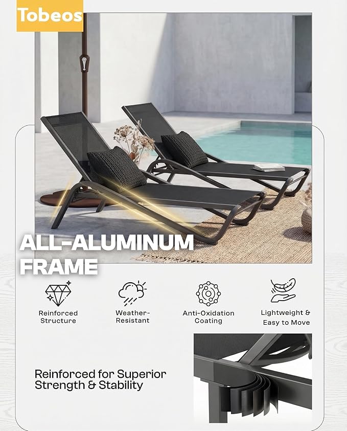 Outdoor Chaise Lounge Chair Set of 30, 5-Position Adjustable Patio Lounge Chair with Aluminum Frame, Textilene Fabric Pool Loung Chairs for Poolside, Deck, Backyard (Black)